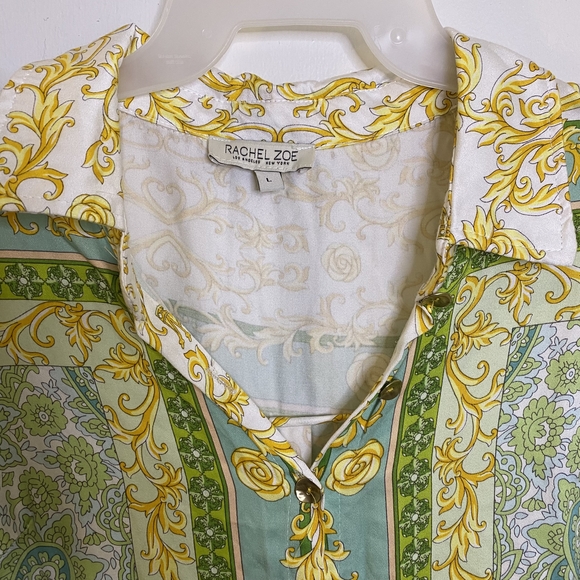 Rachel Zoe Paisley Print Blouse, Green and Gold Button Down Shirt - Picture 3 of 5